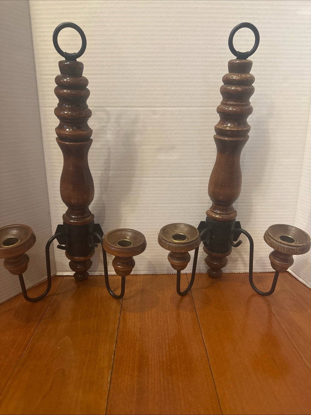 Set Of 2 VTG 80’s HOMCO 18” Dark Wood & Black Metal Wall Sconces Candle Holders